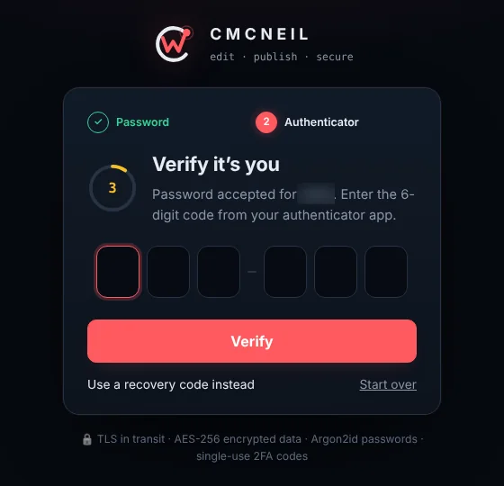 Second step of the editor sign-in: a single-use TOTP code with a countdown (username blurred)